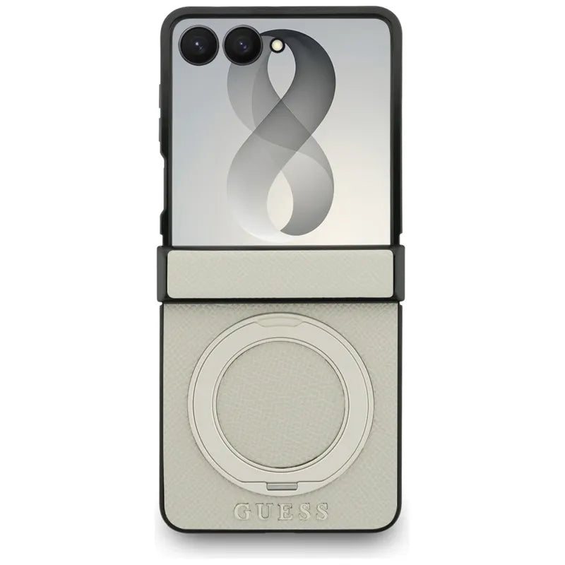 Guess Magnetic Ring Stand Grained Classic Logo MagSafe – Samsung Galaxy Z Flip 8 dėklas (smėlio spalvos)