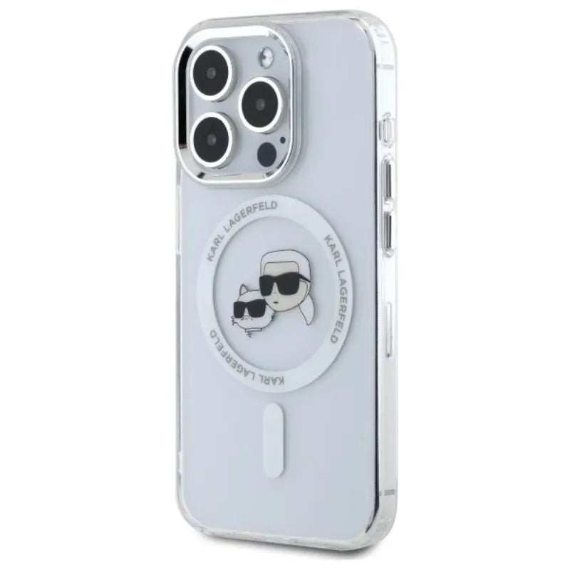 Karl Lagerfeld IML Metal Karl & Choupette Head MagSafe – dėklas iPhone 15 Pro Max (Baltas)