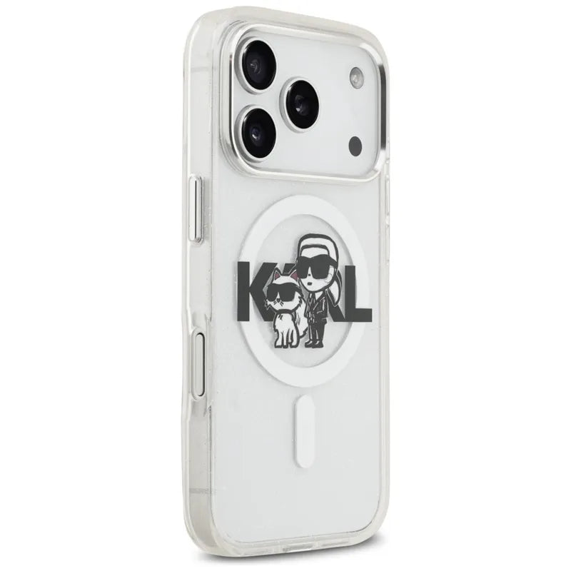 Karl Lagerfeld IML Glitter Karl & Choupette Sketch Logo MagSafe – Dėklas iPhone 17 Pro (skaidrus)