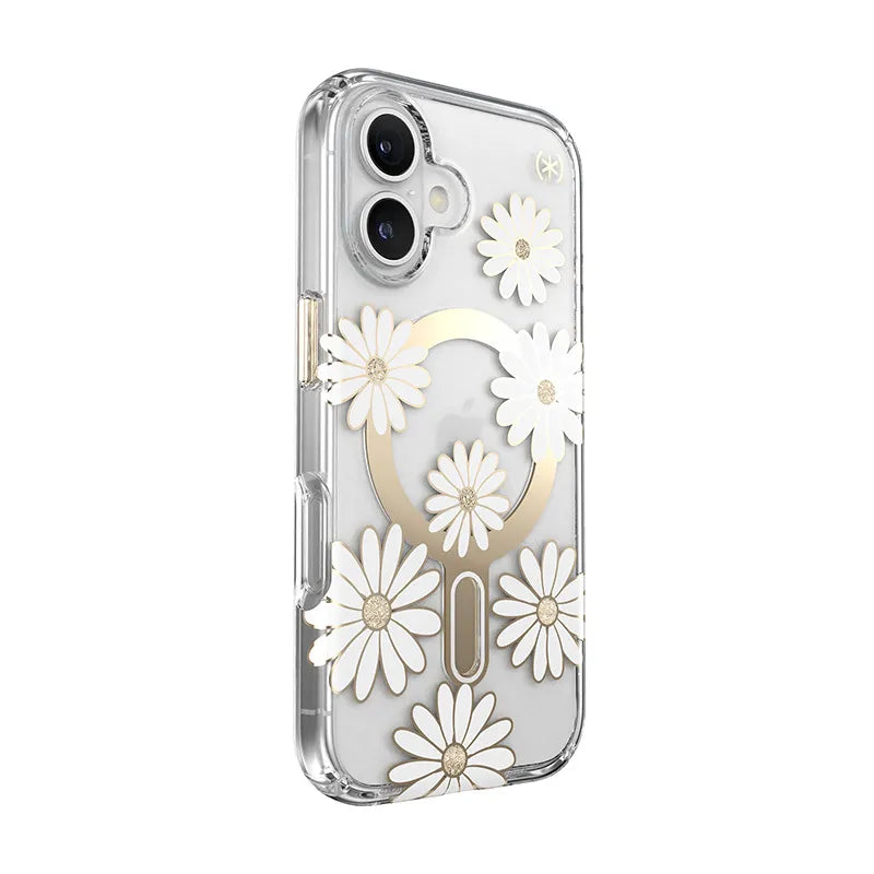 Speck Presidio Lux ClickLock & MagSafe – iPhone 16 dėklas (Sunshine Daisies / Skaidrus / Auksas)