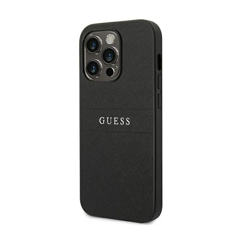 Guess Saffiano Metal Logo Stripes – dėklas iPhone 14 Pro (juodas)