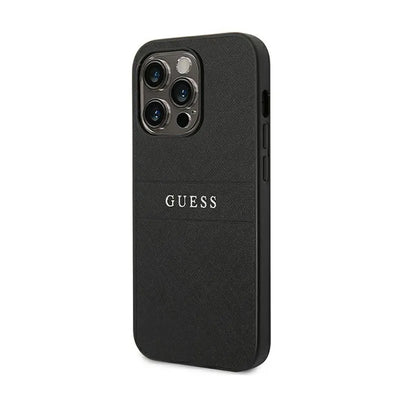 Guess Saffiano Metal Logo Stripes – dėklas iPhone 14 Pro (juodas)