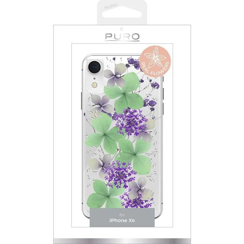 PURO Glam Hippie Chic dangtelis – dėklas „iPhone XR“ (tikrų žalių gėlių žiedlapių dizainas)