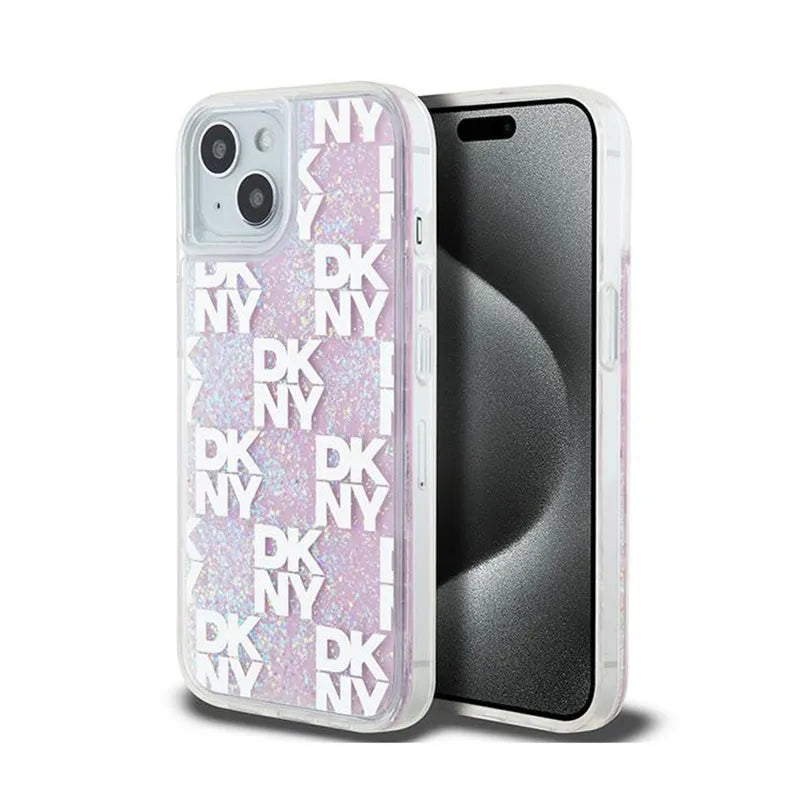 DKNY Liquid Glitter Multilogo – dėklas iPhone 15 / 14 / 13 (rožinis)