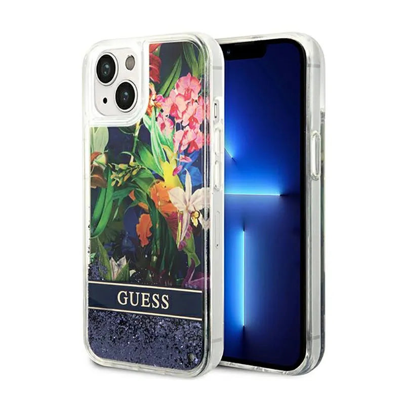 „Guess Liquid Glitter Flower“ – dėklas „iPhone 14 Plus“ telefonui (mėlynas)