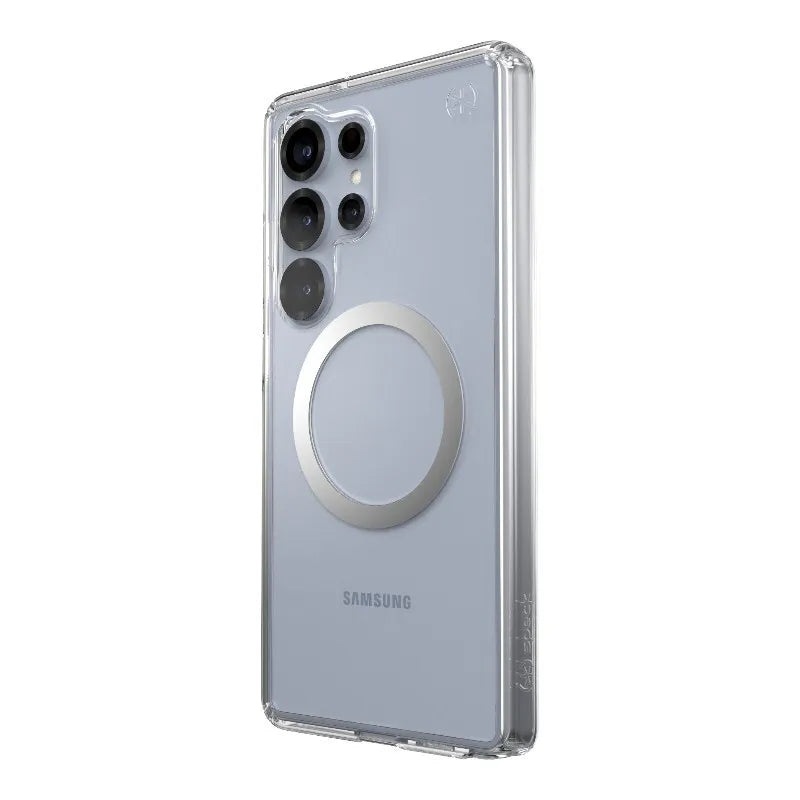 Speck Presidio Perfect-Clear Magnet – Samsung Galaxy S25 Ultra MagSafe dėklas (skaidrus / chromo apdaila / Serene Silver)