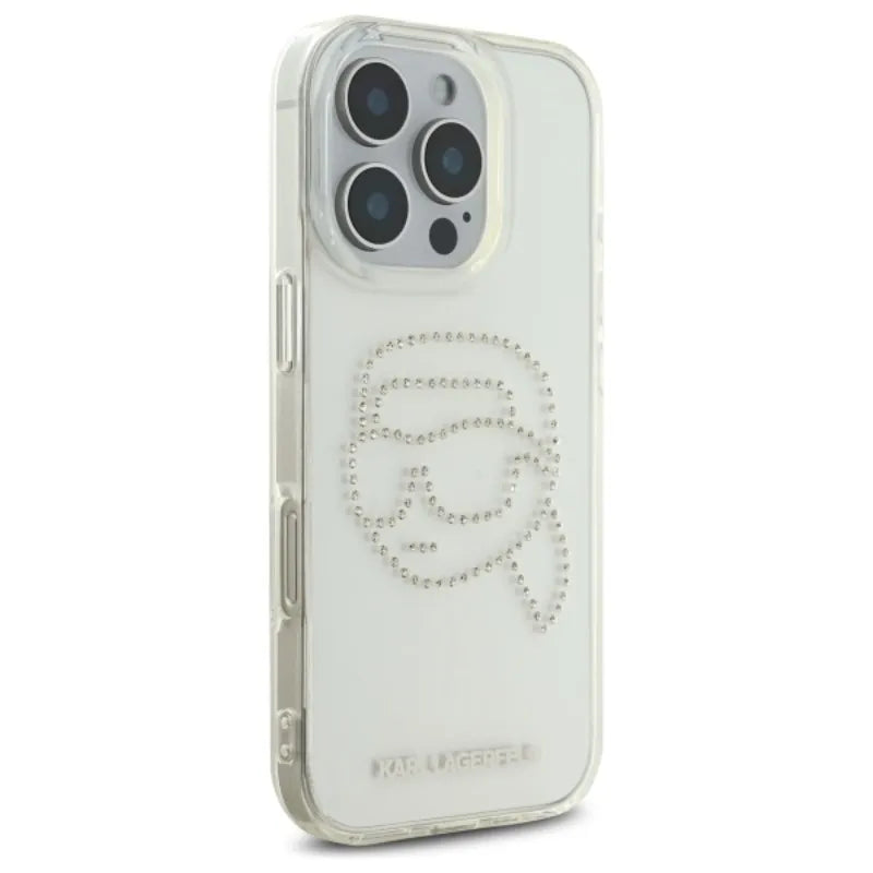 Karl Lagerfeld IML Rhinestones Karl Head dėklas, skirtas iPhone 16 Pro (skaidrus)