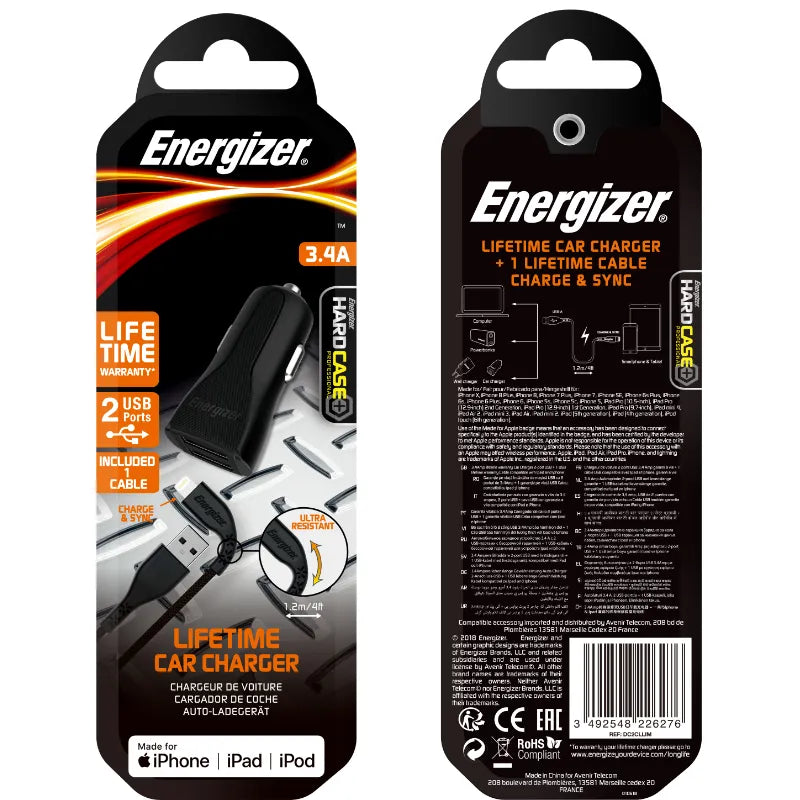 Energizer HardCase – automobilinis įkroviklis 2x USB-A 17 W 3,4 A + MFi sertifikuotas „Lightning“ laidas (juodas)