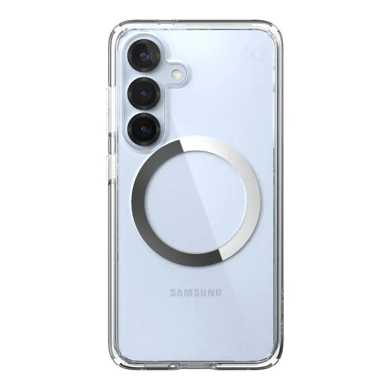 Speck Presidio Perfect-Clear Magnet – dėklas Samsung Galaxy S25 / S24 MagSafe (Skaidrus / Chromuotas paviršius / Serene Silver)