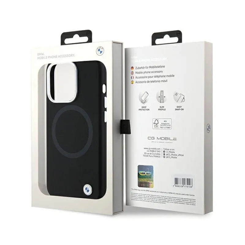 BMW Signature Liquid Silicone MagSafe dėklas, skirtas iPhone 15 Pro (juodas)
