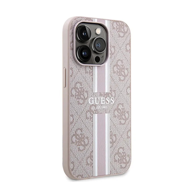 Guess 4G Printed Stripes MagSafe dėklas, skirtas iPhone 15 Pro (rožinis)