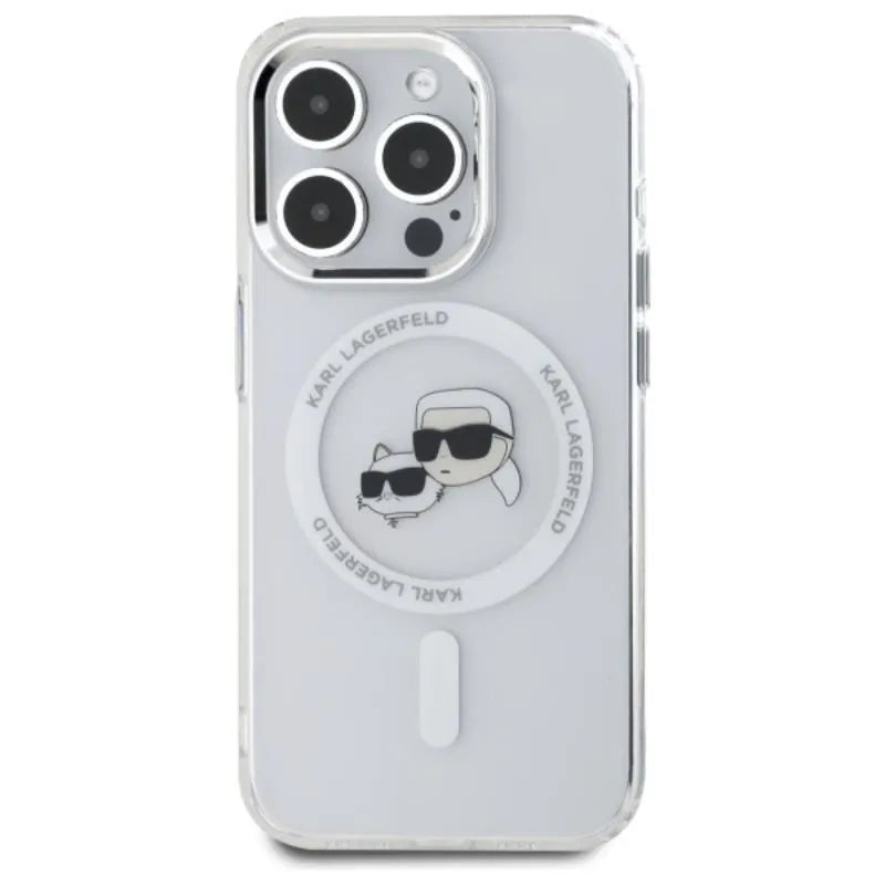 Karl Lagerfeld IML Metal Karl & Choupette Head MagSafe – dėklas iPhone 15 Pro Max (Baltas)