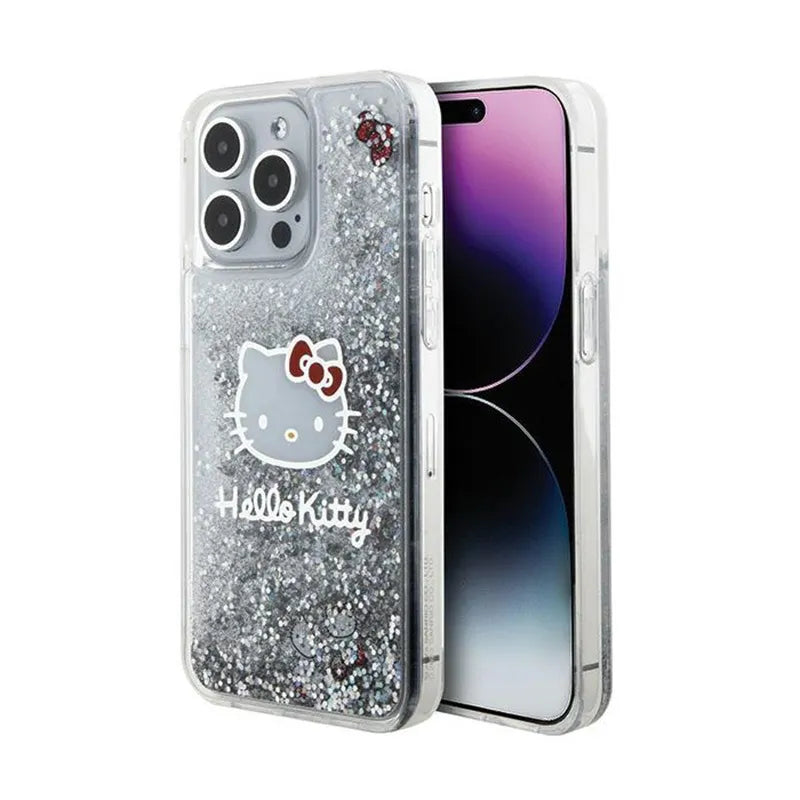 Hello Kitty Liquid Glitter Charms Kitty Head dėklas, skirtas iPhone 15 Pro Max (sidabrinis)