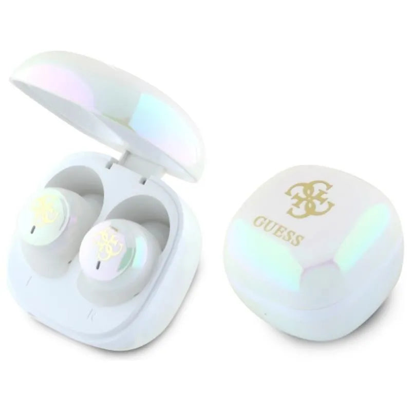 Guess 4G Printed Logo – „Bluetooth“ TWS ausinės + įkrovimo dėklas (baltos)