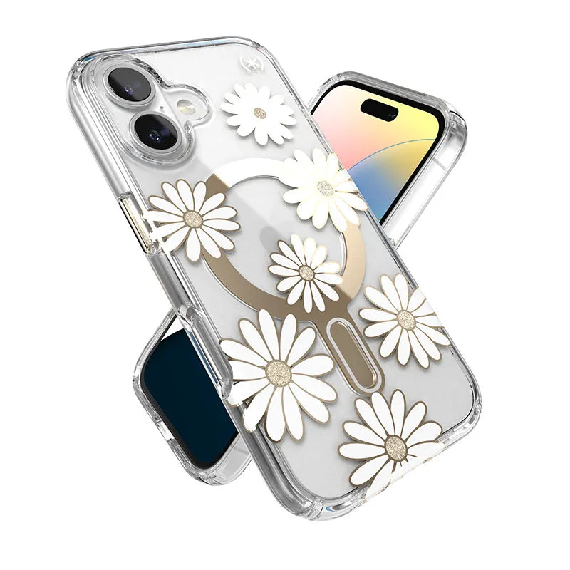 Speck Presidio Lux ClickLock & MagSafe – iPhone 16 dėklas (Sunshine Daisies / Skaidrus / Auksas)