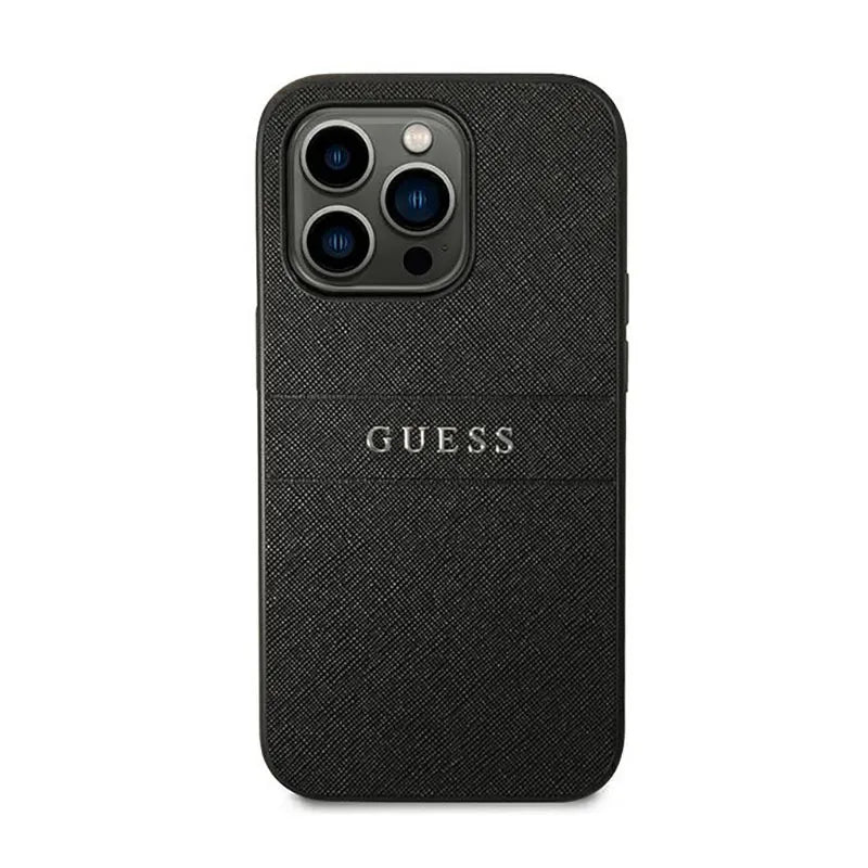 Guess Saffiano Metal Logo Stripes – dėklas iPhone 14 Pro (juodas)
