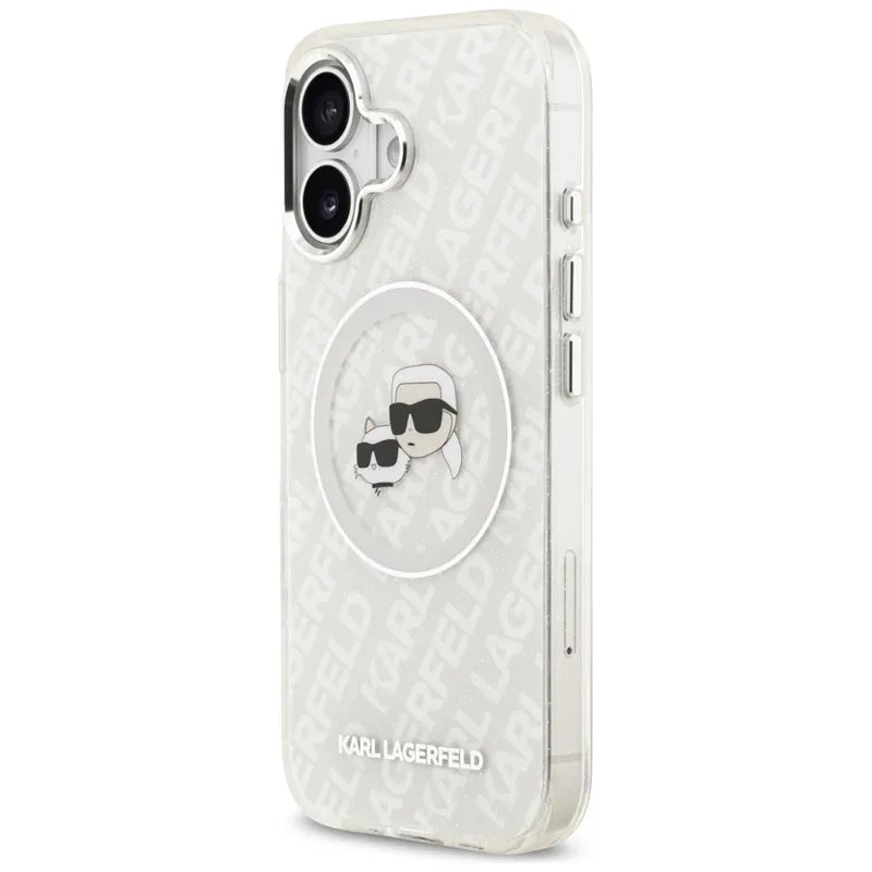 Karl Lagerfeld IML Glitter Karl & Choupette Heads Logo MagSafe dėklas iPhone 17 (pilkas)