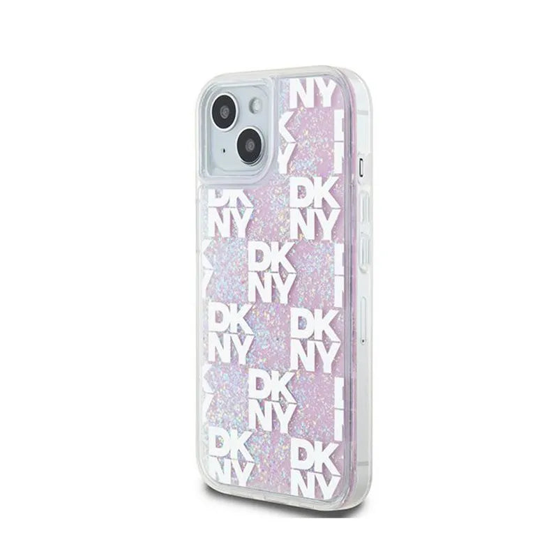 DKNY Liquid Glitter Multilogo – dėklas iPhone 15 / 14 / 13 (rožinis)