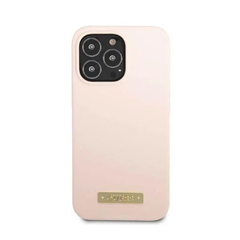 Guess Silicone Logo Plate MagSafe – Dėklas, skirtas iPhone 13 Pro Max (Rožinis)