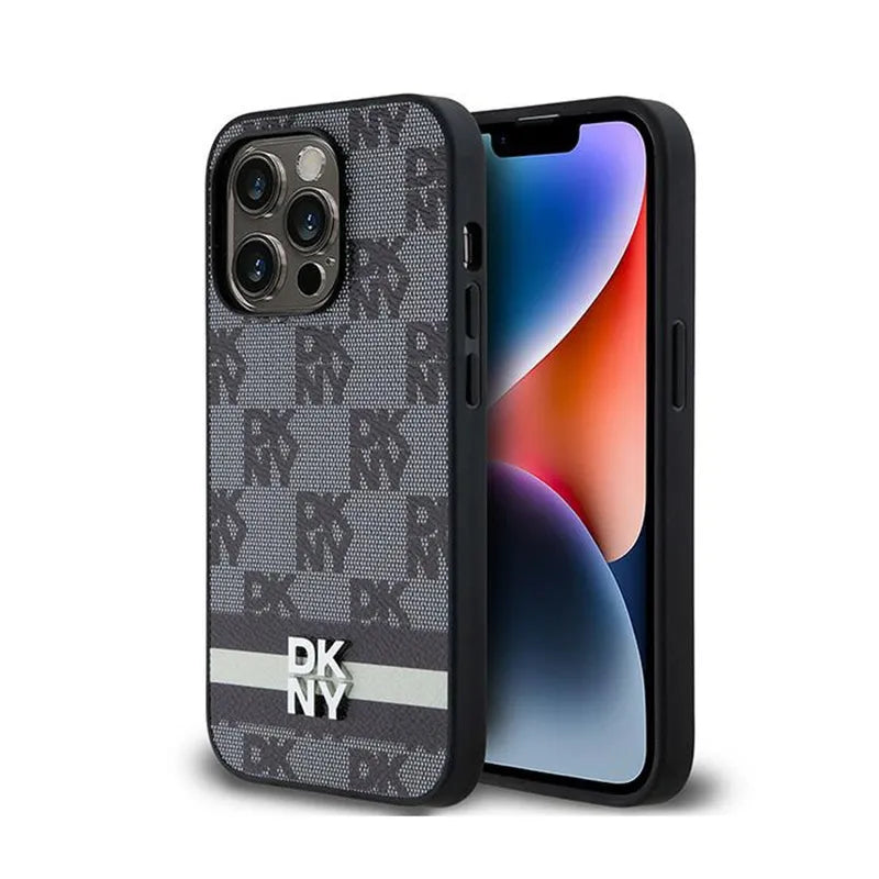DKNY Leather Checkered Mono Pattern & Printed Stripes – dėklas iPhone 14 Pro (juodas)