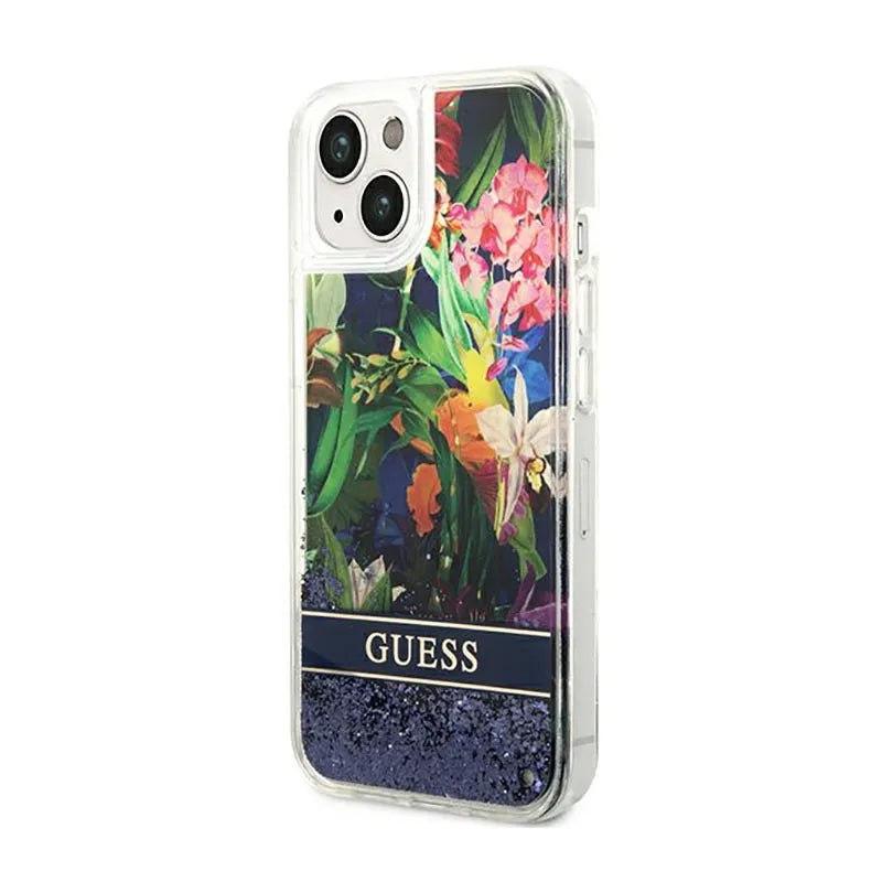 „Guess Liquid Glitter Flower“ – dėklas „iPhone 14 Plus“ telefonui (mėlynas)