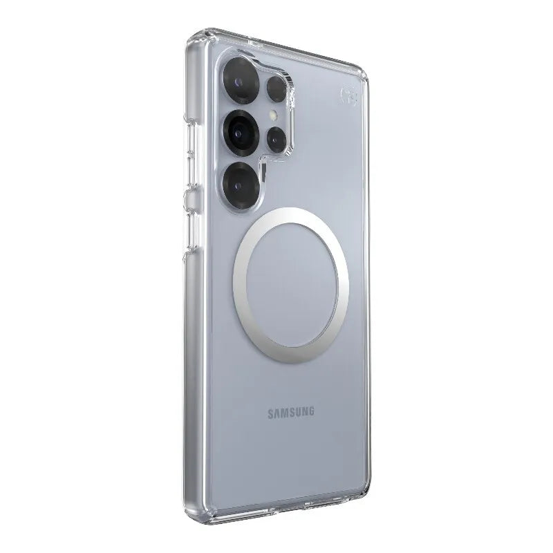 Speck Presidio Perfect-Clear Magnet – Samsung Galaxy S25 Ultra MagSafe dėklas (skaidrus / chromo apdaila / Serene Silver)