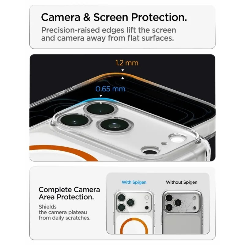 Spigen Ultra Hybrid Mag MagSafe – dėklas, skirtas iPhone 18 Pro / 17 Pro (skaidrus / oranžinis)