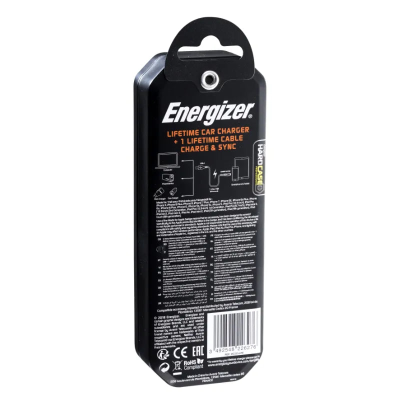 Energizer HardCase – automobilinis įkroviklis 2x USB-A 17 W 3,4 A + MFi sertifikuotas „Lightning“ laidas (juodas)