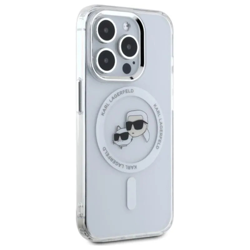 Karl Lagerfeld IML Metal Karl & Choupette Head MagSafe – dėklas iPhone 15 Pro Max (Baltas)