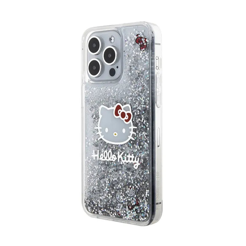 Hello Kitty Liquid Glitter Charms Kitty Head dėklas, skirtas iPhone 15 Pro Max (sidabrinis)