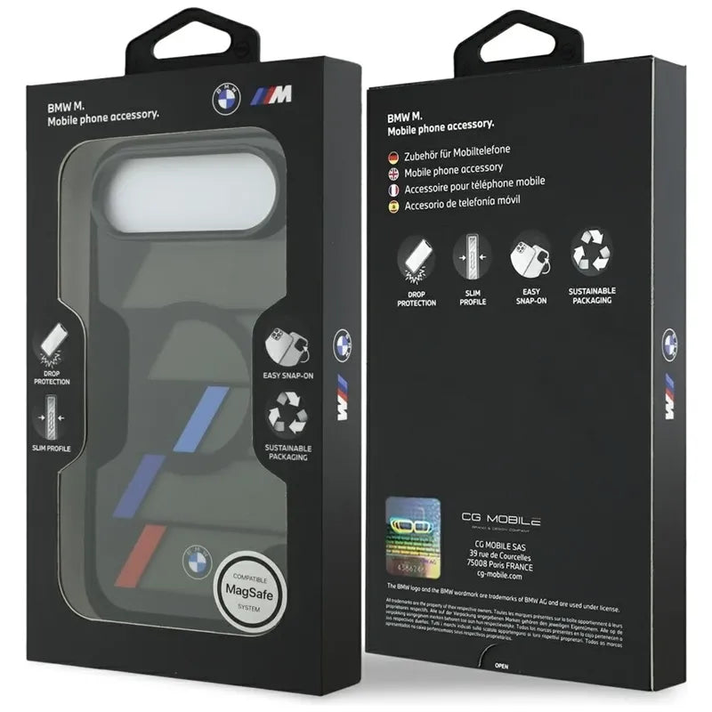 BMW M IML Metal Buttons Tricolor Lines MagSafe – dėklas iPhone Air (juodas)
