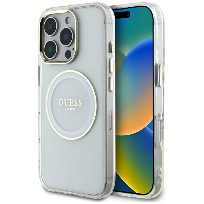 Guess IML Metal Colored Circle Classic Logo MagSafe – dėklas iPhone 16 Pro Max (baltas)