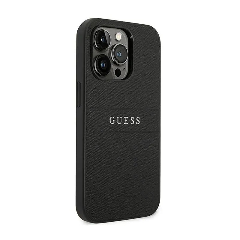 Guess Saffiano Metal Logo Stripes – dėklas iPhone 14 Pro (juodas)