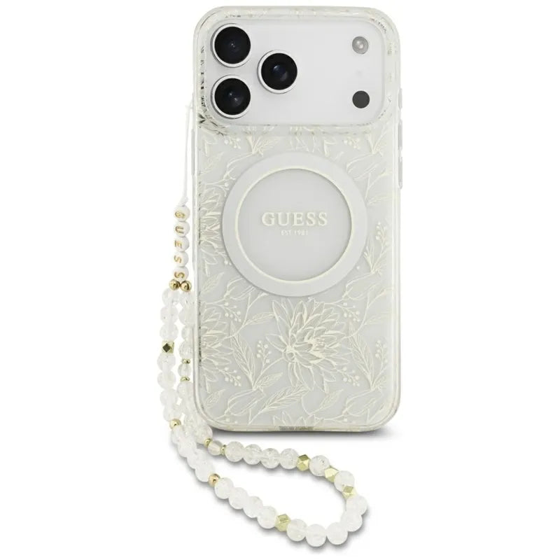 Guess IML Flowers Electro Pearl Strap MagSafe – Dėklas iPhone 17 Pro Max (baltas)