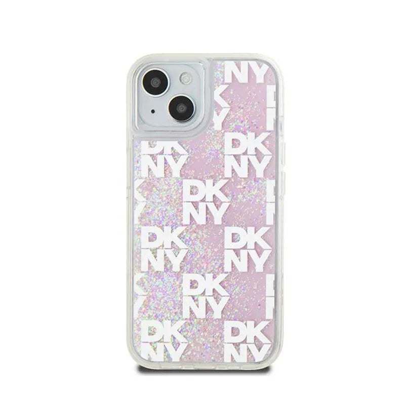 DKNY Liquid Glitter Multilogo – dėklas iPhone 15 / 14 / 13 (rožinis)