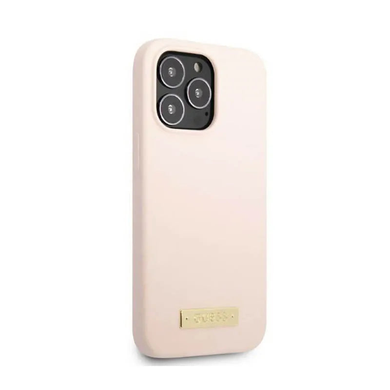Guess Silicone Logo Plate MagSafe – Dėklas, skirtas iPhone 13 Pro Max (Rožinis)