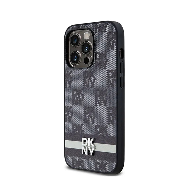 DKNY Leather Checkered Mono Pattern & Printed Stripes – dėklas iPhone 14 Pro (juodas)
