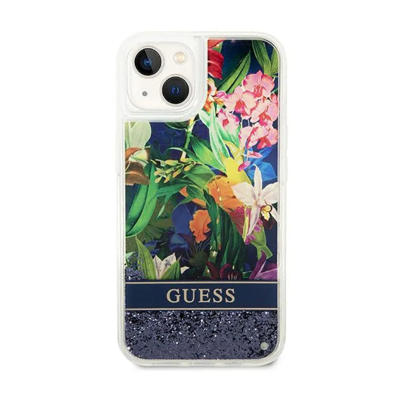 „Guess Liquid Glitter Flower“ – dėklas „iPhone 14 Plus“ telefonui (mėlynas)