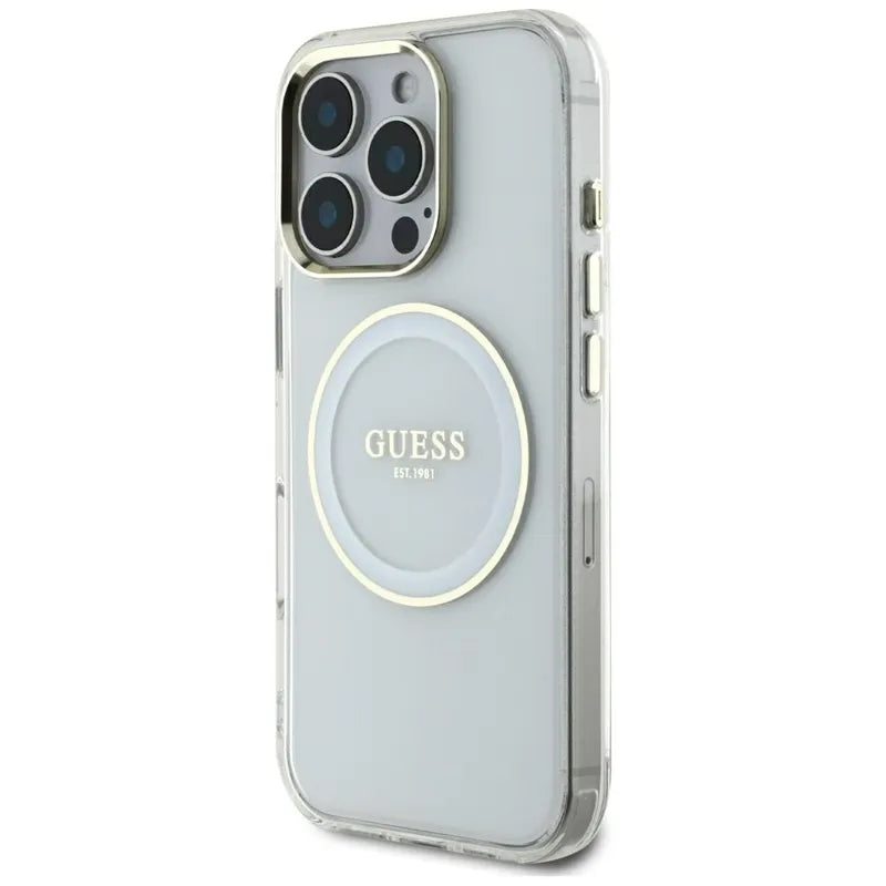 Guess IML Metal Colored Circle Classic Logo MagSafe – dėklas iPhone 16 Pro Max (baltas)