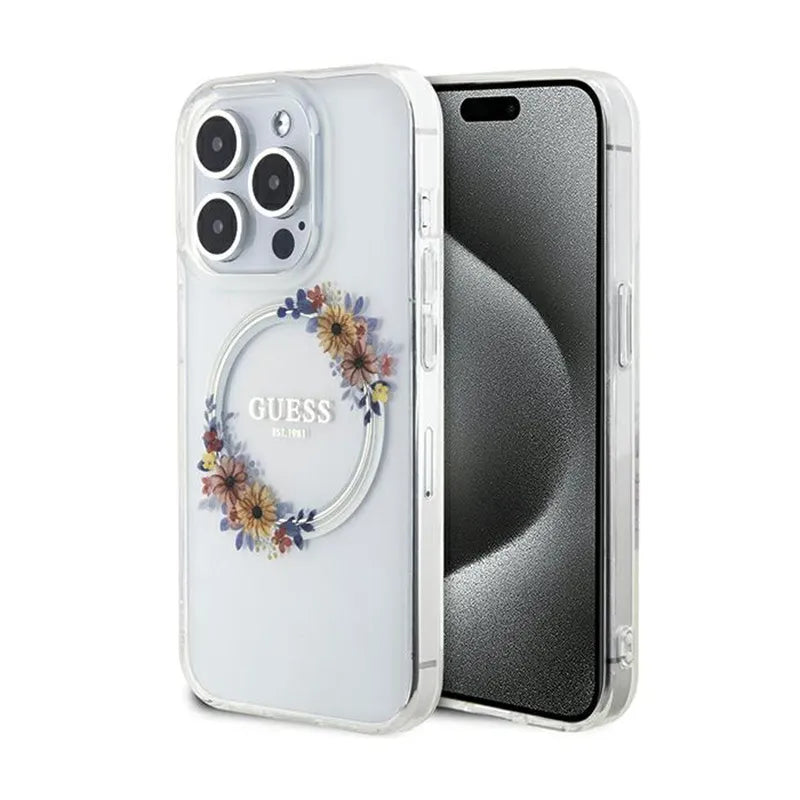 Guess IML Flowers Wreath MagSafe – dėklas iPhone 15 Pro (skaidrus)