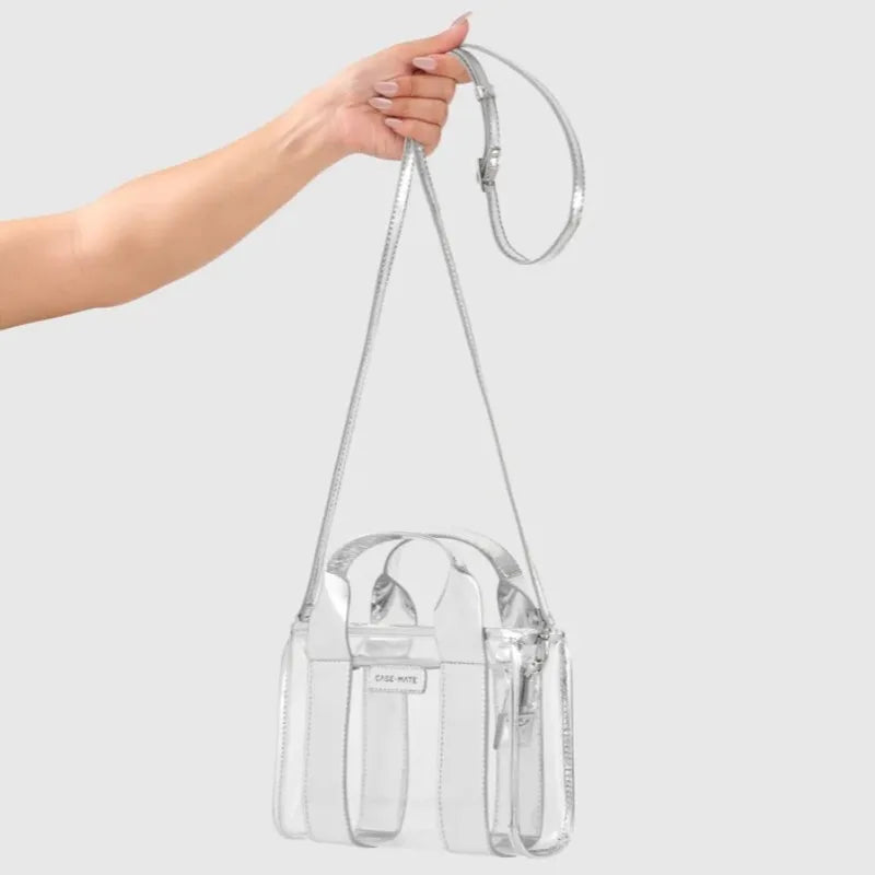 „Case-Mate Micro Tote Bag“ – vandeniui atsparus krepšys per petį (sidabrinis chromas / skaidrus)