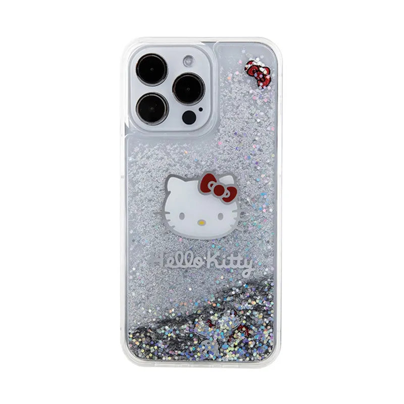 Hello Kitty Liquid Glitter Charms Kitty Head dėklas, skirtas iPhone 15 Pro Max (sidabrinis)