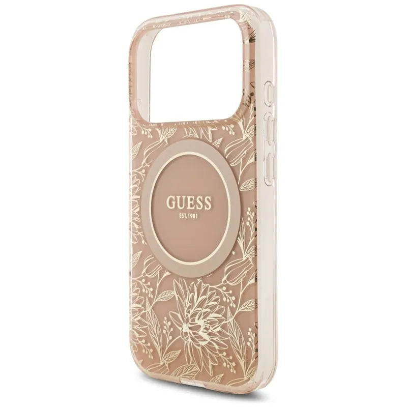Guess IML Flowers Electro Pearl Strap MagSafe – dėklas iPhone 17 Pro (rožinis)