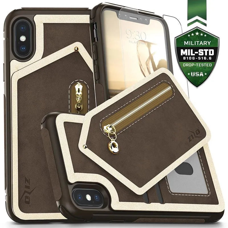 Zizo Nebula piniginės tipo dėklas – dėklas su pinigine ir užtrauktuku užsegamu krepšeliu bei grūdinto stiklo ekrano apsauga, skirtas iPhone X (tamsiai rudas/rudas)
