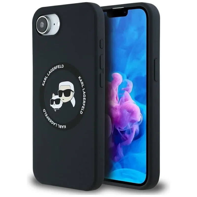 Karl Lagerfeld Silicone Karl & Choupette Heads MagSafe – dėklas iPhone 16e (juodas)