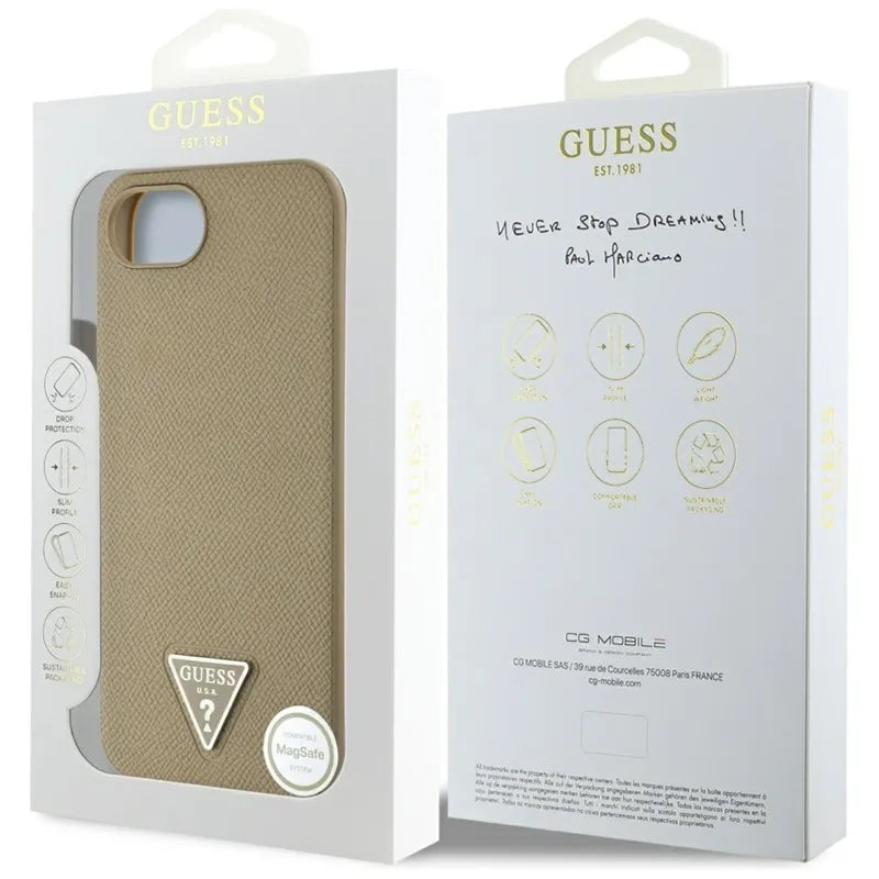 Guess Grained Triangle MagSafe – dėklas iPhone 16e telefonui (rudas)