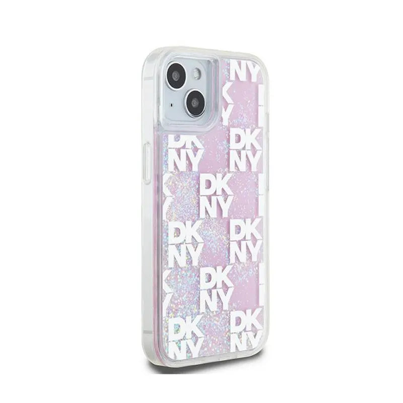 DKNY Liquid Glitter Multilogo – dėklas iPhone 15 / 14 / 13 (rožinis)