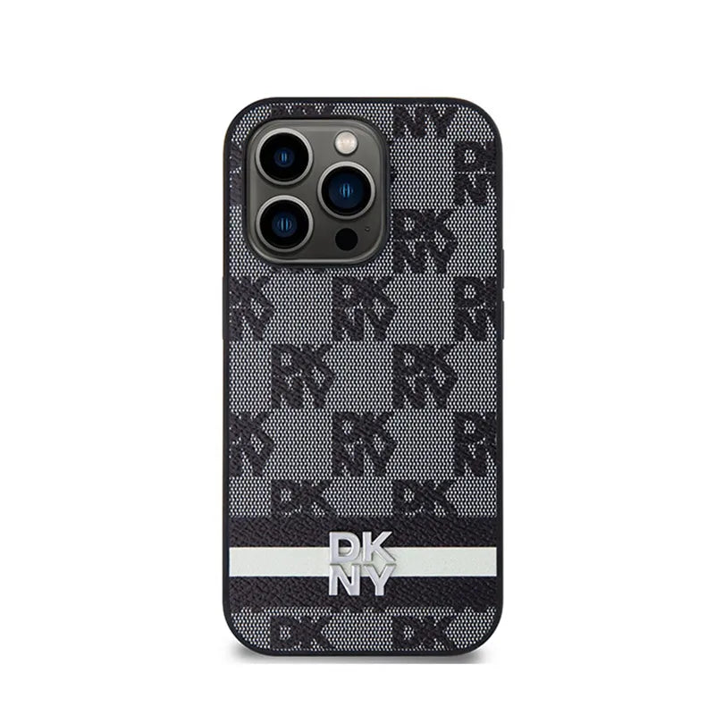 DKNY Leather Checkered Mono Pattern & Printed Stripes – dėklas iPhone 14 Pro (juodas)