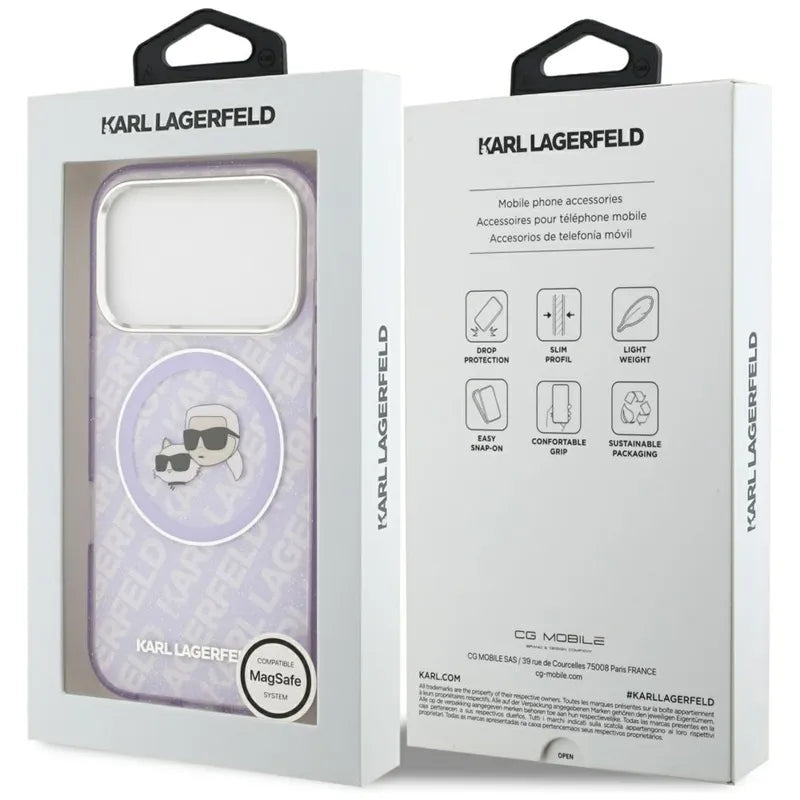 Karl Lagerfeld IML Glitter Karl & Choupette Heads Logo MagSafe - Dėklas iPhone 17 Pro (violetinis)