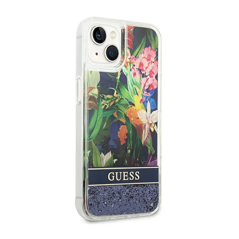 „Guess Liquid Glitter Flower“ – dėklas „iPhone 14 Plus“ telefonui (mėlynas)
